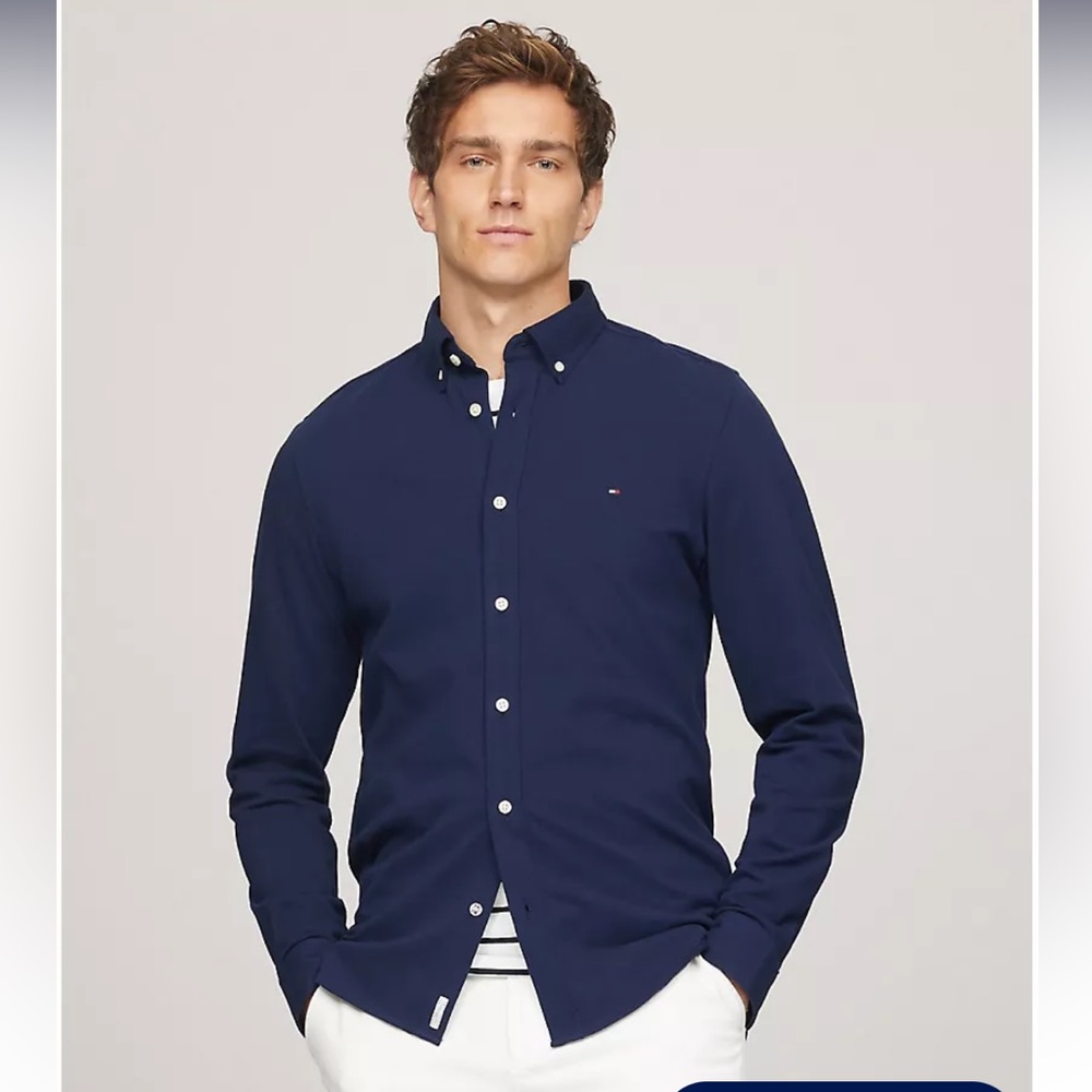 TOMMY HILFIGER SLIM FIT 1985 KNIT SHIRT CARBON NAVY BLUE L 100% COTTON
